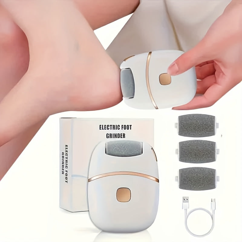 Lijadora de pies eléctrica recargable con luz LED, 3 cabezas de repuesto, carga USB, herramienta de pedicura inalámbrica, pies suaves, sin fragancia, plástico, batería de litio de 400mAh - Dispositivo portátil de cuidado de pies
