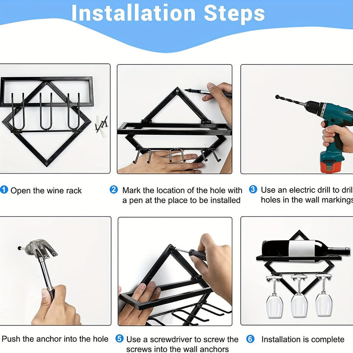 Elegante Estante de Vino de Metal Montado en la Pared con Soporte para Copas - Almacenamiento de Licores de Hierro que Ahorra Espacio para Decoración del Hogar