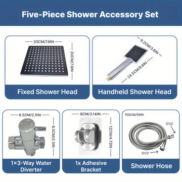 [Ducha de Lluvia Cuadrada de Alta] Set de Ducha de Lluvia Cuadrada de Alta Gama - 1 Set de Ducha de Mano y Cabezal de Ducha Fijo con Manguera Extra Larga, Soporte de Ducha, Divertidor de 3 Vías - Accesorios de Ducha de Lujo para Baño