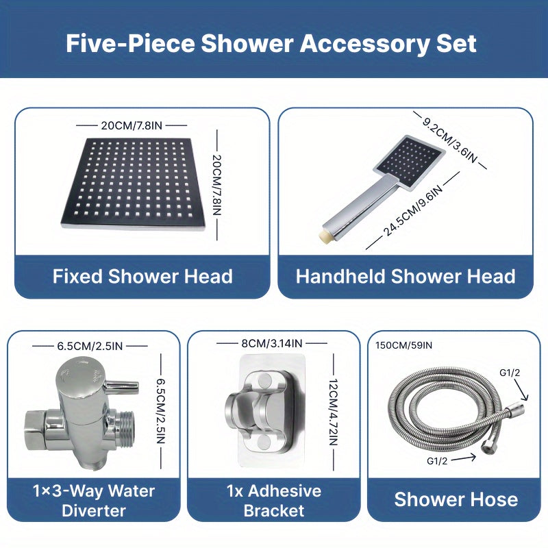 [Ducha de Lluvia Cuadrada de Alta] Set de Ducha de Lluvia Cuadrada de Alta Gama - 1 Set de Ducha de Mano y Cabezal de Ducha Fijo con Manguera Extra Larga, Soporte de Ducha, Divertidor de 3 Vías - Accesorios de Ducha de Lujo para Baño