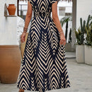 Vestido Maxi con Estampado Geométrico y Escote en V para Mujer 2025 - Vestido Largo A-Line Fluido con Patrón de Zigzag Azul Marino, Lavable a Máquina, Casual para Primavera Verano, Vestidos de Boda Playa para Novias, Tela Duradera