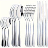 Un juego de vajilla de acero inoxidable de 16 piezas - vajilla elegante que incluye cuchillo de cena, tenedor, cuchara, cucharilla - cubertería moderna pulida a espejo para Navidad, Halloween, Pascua, Hanukkah, Acción de Gracias - apto para lavavajillas