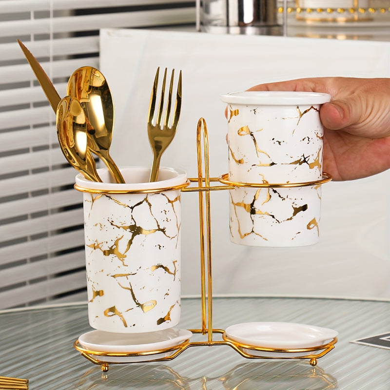 1 Juego, Soporte de Utensilios, Cilindro de Almacenamiento, Utensilios de Cocina y Restaurante, Material Cerámico, Diseño de Cilindro Doble, Adecuado para Almacenar y Organizar Cuchillos, Tenedores, Cucharas, Palillos en Encimeras de Cocina