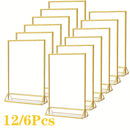Juego de 6/12 soportes de señalización de acrílico dorado que miden 10,16 cm por 15,24 cm, ideales para números de mesa de bodas, con marcos dobles para mostrar fotos, y que sirven como soportes de menú transparentes o soportes de folletos para bodas, ho