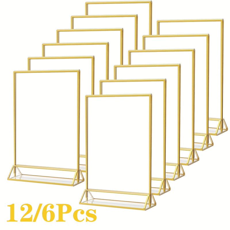 Juego de 6/12 soportes de señalización de acrílico dorado que miden 10,16 cm por 15,24 cm, ideales para números de mesa de bodas, con marcos dobles para mostrar fotos, y que sirven como soportes de menú transparentes o soportes de folletos para bodas, ho