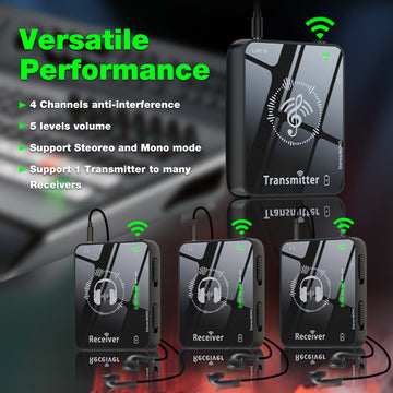 Sistema de monitores inalámbricos intraurales, 2.4 GHz, audio profesional sin pérdidas, 4 canales, 5 niveles de volumen, emparejamiento automático