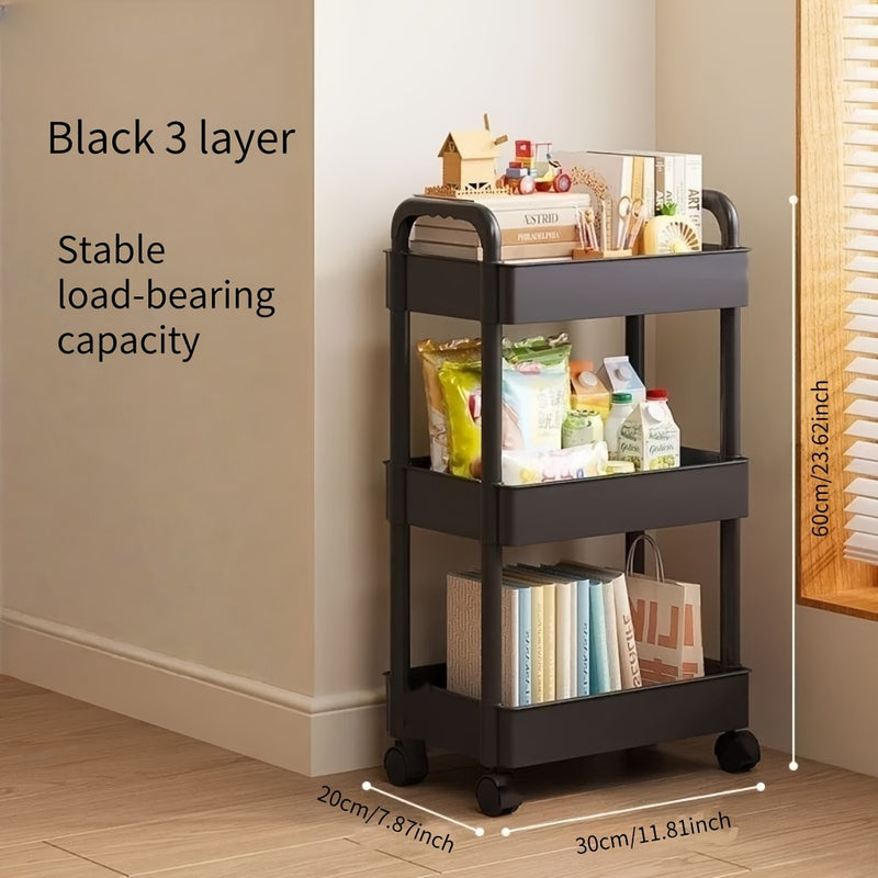 Carrito de almacenamiento rodante de 2 niveles con ruedas - Plástico resistente, opciones en blanco y negro, gran capacidad de carga, ideal para organizar la cocina, dormitorio o sala de estar, solución versátil para el hogar