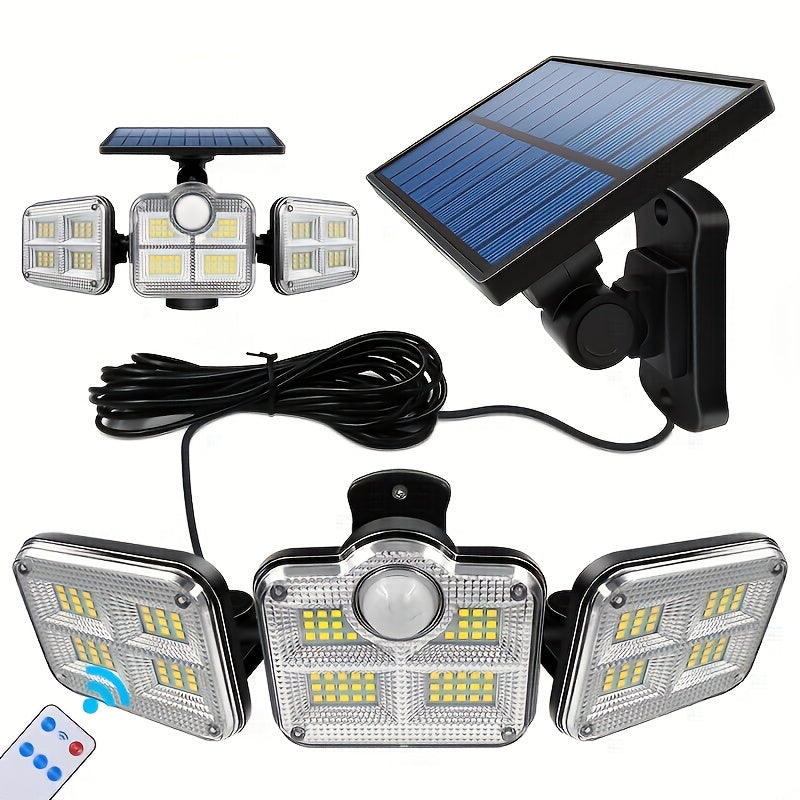 Luz de seguridad solar con sensor de movimiento, 3 cabezales con 122 luces LED ajustables, aplique de pared semirrehundido de plástico, control remoto, alimentado por energía solar con batería de iones de litio de 2400 mAh, panel fotovoltaico no removibl