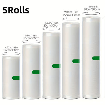 Juego de 5 Rollos Selladores al Vacío Libres de BPA, Bolsas Texturizadas Duraderas y Resistentes a Perforaciones, Ancho Variado (Diversos Anchos) y 3 Metros Cada Uno, Perfecto para la Conservación de Alimentos, Sous Vide y Almacenamiento en Gran Volume,