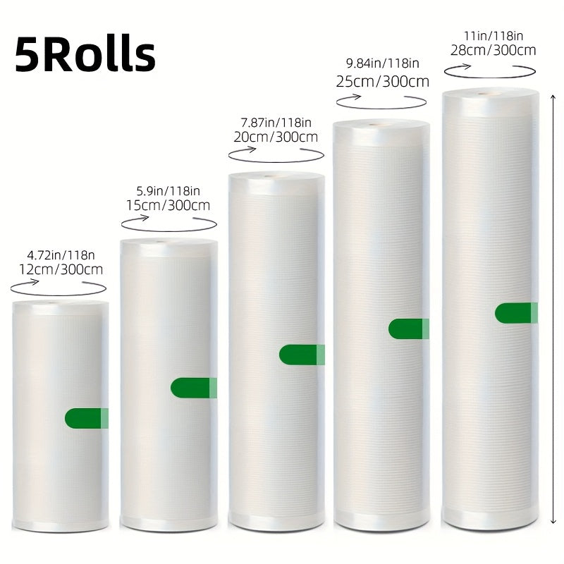 Juego de 5 Rollos Selladores al Vacío Libres de BPA, Bolsas Texturizadas Duraderas y Resistentes a Perforaciones, Ancho Variado (Diversos Anchos) y 3 Metros Cada Uno, Perfecto para la Conservación de Alimentos, Sous Vide y Almacenamiento en Gran Volume,