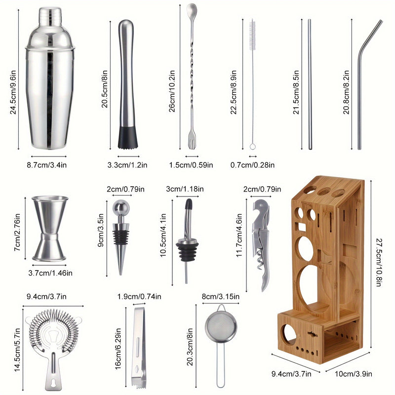 1 Juego De 21 Piezas, Coctelera Con Soporte De Bambú Y Bolsa De Terciopelo, Ideal Para El Hogar, Bar, Mezcla De Bebidas, Kit De Herramientas Profesionales Para Bares En Fiestas