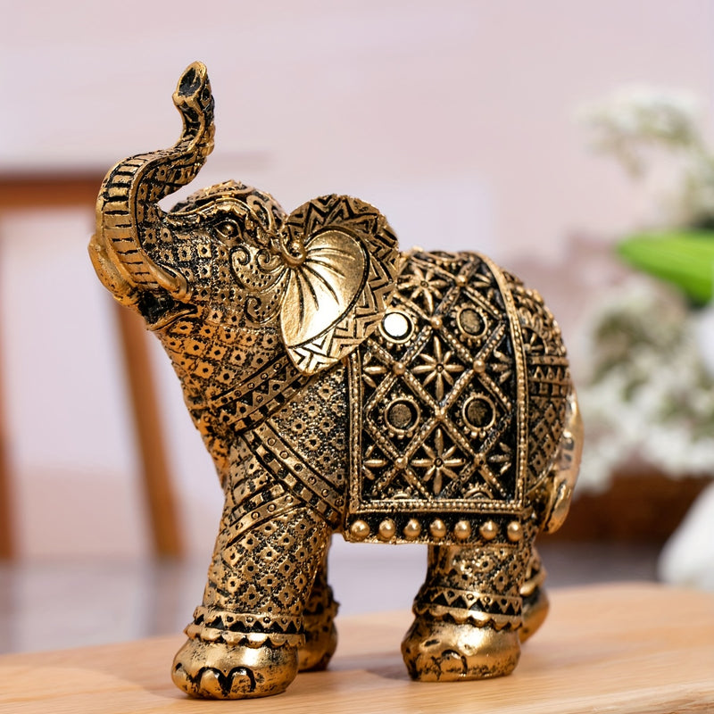 Figura de Elefante Dorado de la Suerte - Decoración de Resina Intrincada para Atraer Riqueza con Patrones Detallados para el Hogar y la Oficina, Ideal para Exhibición en la Sala de Estar, Decoración de Elefante