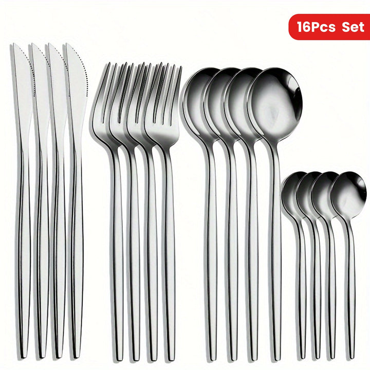 1 Juego De 16 Piezas, Cubiertos Portugueses De Acero Inoxidable, Incluye Cuchillos, Tenedores, Cucharas Y Cucharas De Postre Para 4, Ideal Para Fiestas Y Uso Diario