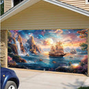 Banner para Puerta de Garaje Estrellado Cascada 1 pieza - Gran Telón de Fondo Decorativo Exterior con Barco de Vela, Cascada y Escena de Atardecer para Fiestas, Vacaciones y Decoración del Hogar