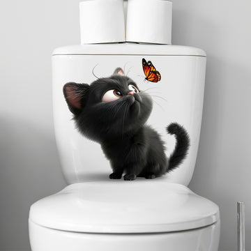 1pc Pegatina con diseño de gato lindo y mariposa, calcomanía de pared autoadhesiva, calcomanía para tapa de inodoro, plástico, decoración de baño, decoración estética del hogar, decoración de la habitación, embellece tu hogar