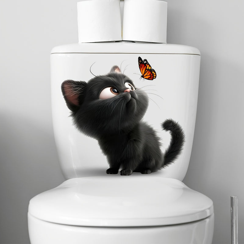 1pc Pegatina con diseño de gato lindo y mariposa, calcomanía de pared autoadhesiva, calcomanía para tapa de inodoro, plástico, decoración de baño, decoración estética del hogar, decoración de la habitación, embellece tu hogar