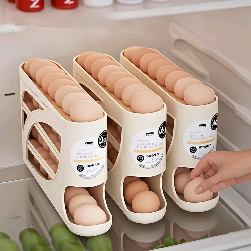 Estante de huevos giratorio de 4 capas - Diseño de puerta lateral que ahorra espacio, puede contener 30 huevos, acabado brillante y liso, asa conveniente, adecuado para almacenamiento en cocina y refrigerador | Accesorios de cocina modernos | Material pl