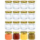 16-Pack Mini Tarros de Vidrio Hexagonales de 45ml con Tapas de Tornillo Doradas, Multiusos, Aptos para Lavavajillas, Reutilizables, Botes Herméticos para Miel, Mermeladas, Especias, Regalos de Boda, Manualidades de Bricolaje