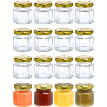 16-Pack Mini Tarros de Vidrio Hexagonales de 45ml con Tapas de Tornillo Doradas, Multiusos, Aptos para Lavavajillas, Reutilizables, Botes Herméticos para Miel, Mermeladas, Especias, Regalos de Boda, Manualidades de Bricolaje