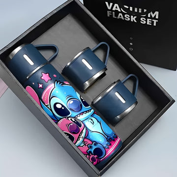 Juego de 1 Set 17Oz Disney Stitch Acero Inoxidable Termo a Prueba de Fugas con 3 Tazas para Bebidas Calientes y Frías, Adecuado para Viajes de Negocios y Útiles Escolares LHB03211