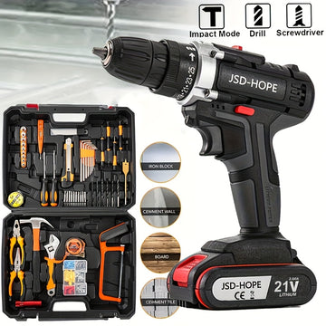 JSD-HOPE, taladro eléctrico inalámbrico, batería de litio recargable, serie 18650, 110V-130V, doble propósito para uso doméstico y profesional, diseño ergonómico con velocidad ajustable, construcción duradera, ideal para proyectos DIY y talleres profesio