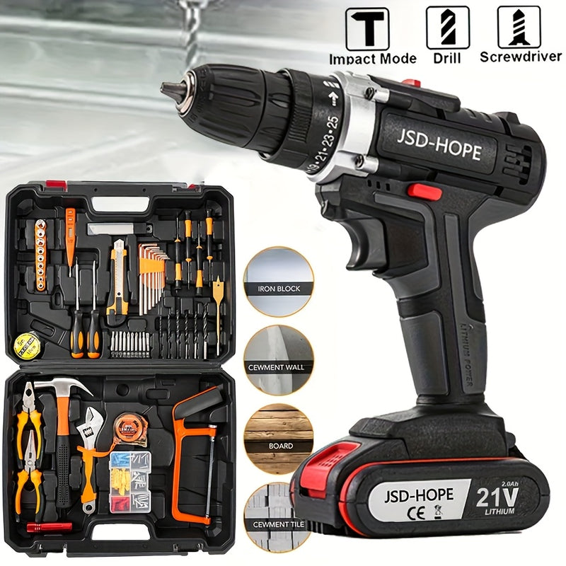 JSD-HOPE, taladro eléctrico inalámbrico, batería de litio recargable, serie 18650, 110V-130V, doble propósito para uso doméstico y profesional, diseño ergonómico con velocidad ajustable, construcción duradera, ideal para proyectos DIY y talleres profesio