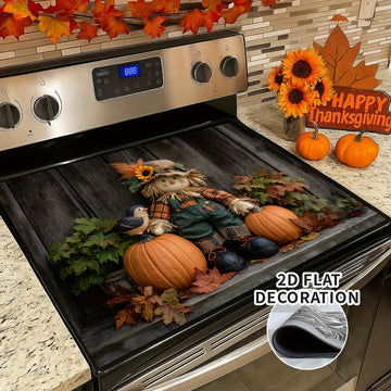 1pc Cubierta de Estufa para Acción de Gracias - con Espantapájaros, Calabazas y Hojas de Otoño - Superficie Antiadherente, Resistente a Arañazos y al Calor - Compatible con Estufas Eléctricas/Gas - Fácil Instalación para Decoración de Cocina en Otoño - A