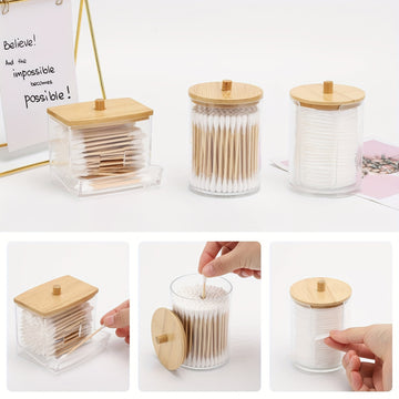 4 contenedores para hisopos, caja organizadora con tapa, dispensador de bolas de algodón de 10/7 oz, frasco de baño para almacenamiento