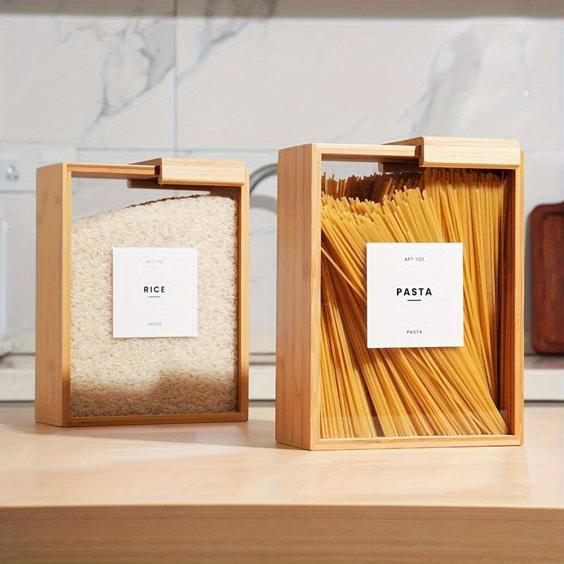 Contenedor de Almacenamiento de Bambú para Comida de 101.44 oz con Tapa Transparente - Ideal para Granos, Fideos, Harina | Organizador de Cocina Reutilizable y de Alta Calidad con Etiquetas para Identificación Fácil