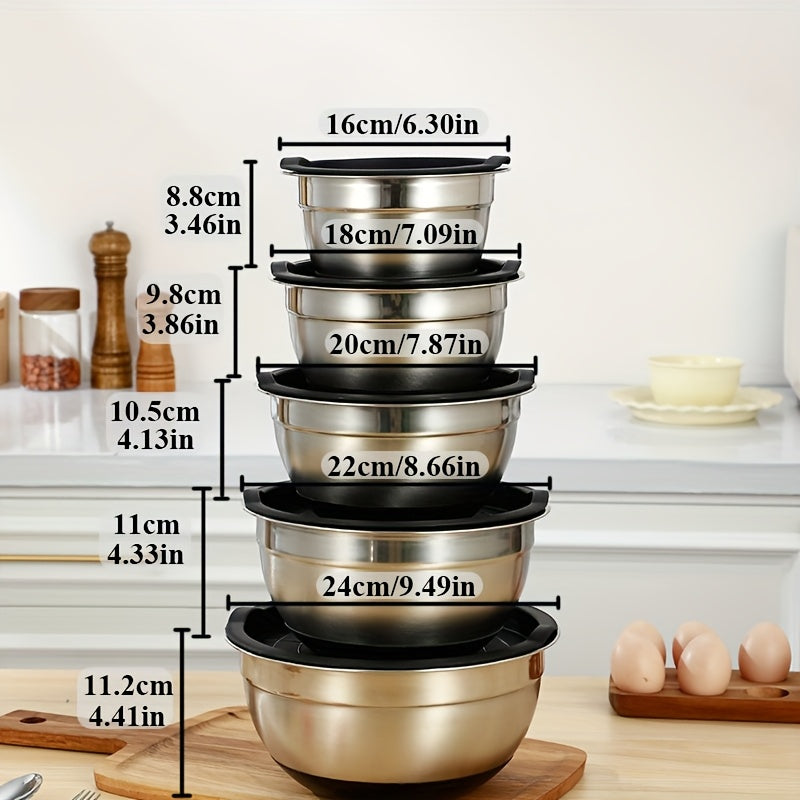 Juego de 5 tazones de acero inoxidable para cocina, diseño apilable que ahorra espacio, ideal para hornear, preparar, cocinar y servir