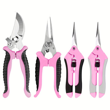 Juego de herramientas de podar manual con cuchillas de acero inoxidable, tijeras de jardinería profesionales rosadas para podar flores y jardinaje (4 piezas)