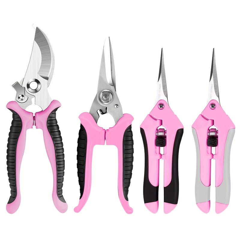 Juego de herramientas de podar manual con cuchillas de acero inoxidable, tijeras de jardinería profesionales rosadas para podar flores y jardinaje (4 piezas)