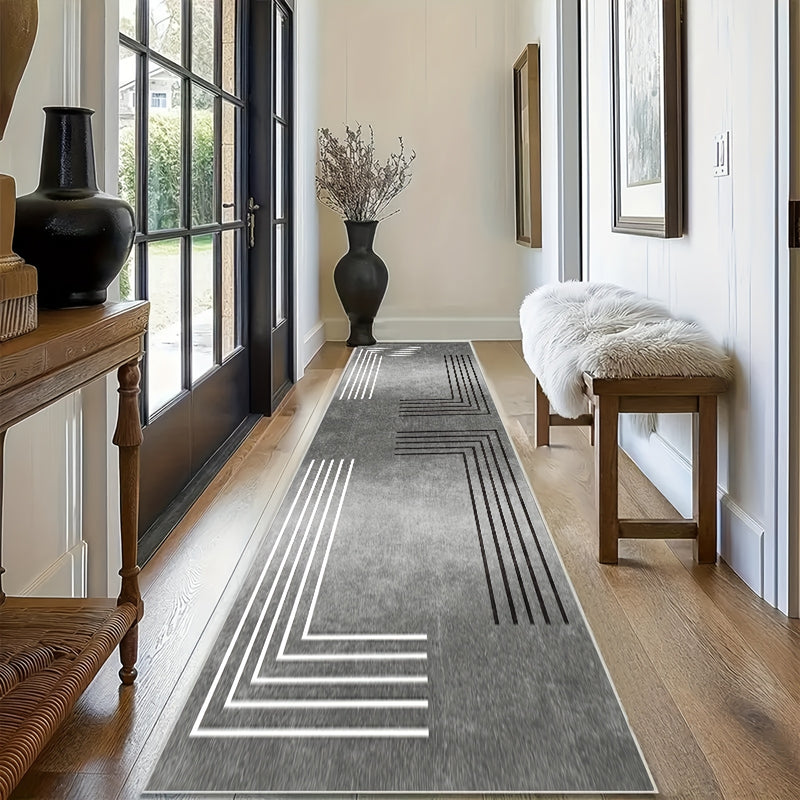 Alfombra geométrica moderna, 1 unidad - Liviana, antideslizante, lavable a máquina, de poliéster, para pasillo, dormitorio, cocina, baño - Diseño rectangular con patrones en zigzag en blanco y gris, tapetes para sala