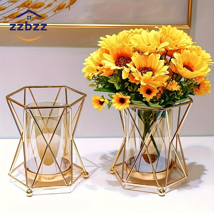 1 pieza de Jarrón Metálico Dorado y Plástico Transparente ZZBZZ - Decoración Elegante Moderna para Sala de Estar, Centro de Mesa de Comedor, Portavelas, Sin Batería, Ambientador Romántico | Diseño Lujoso | Acabado Electrolítico