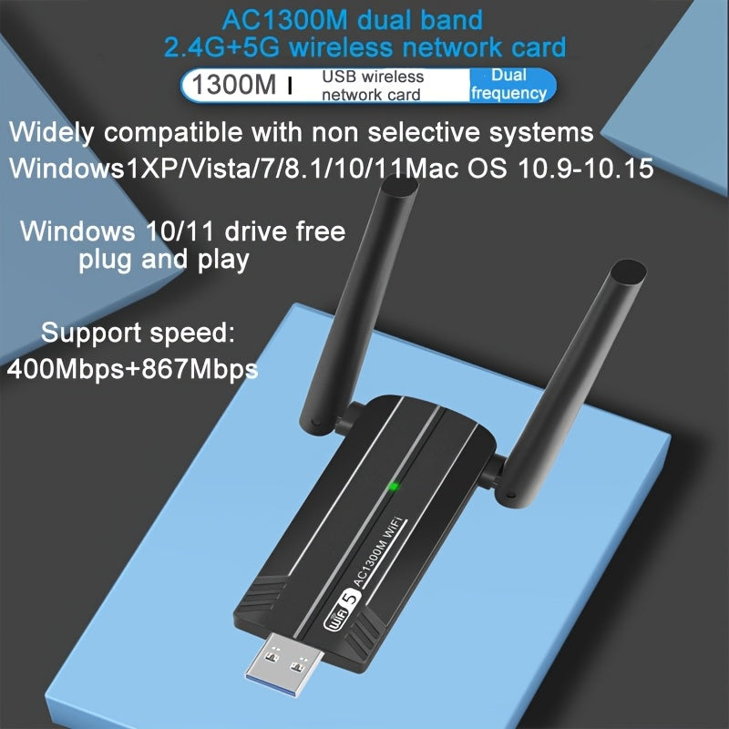 Tarjeta de Red Inalámbrica USB, Banda Doble 1300Mbps 2.4GHz/400Mbps y 5.8GHz/867Mbps, Antena Dual Alta Ganancia 5dBi, 802.11AC USB 3.0