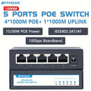 Interruptor POE Gigabit de 1000M 10G Boardband Velocidad rápida 5 Puertos Gigabit Ethernet Switch Hub para cámaras CCTV 10/100/1000M RJ45 IEEE802.3ATAF 30W POE Plus Interruptor de red POE