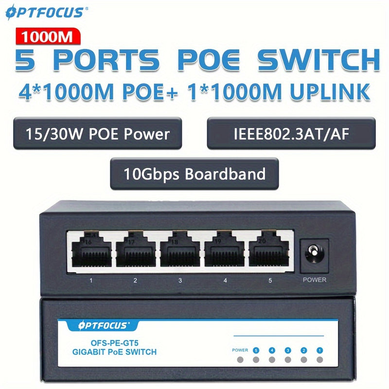 Interruptor POE Gigabit de 1000M 10G Boardband Velocidad rápida 5 Puertos Gigabit Ethernet Switch Hub para cámaras CCTV 10/100/1000M RJ45 IEEE802.3ATAF 30W POE Plus Interruptor de red POE