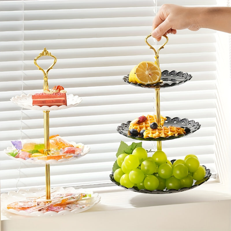 1pc Elegante Soporte de 3 Niveles de Plástico para Dulces, Multiusos, bandeja de servicio segura para contactos con alimentos para postres, frutas y pastelería, perfecta para bodas, cumpleaños y celebraciones de vacaciones