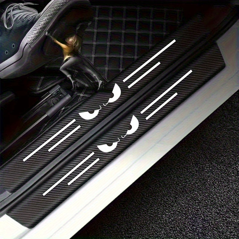 9 piezas de protector para umbral de auto con diseño de ojo de diablo, resistente a rayones y antideslizante, instalación con adhesivo, apto para todos los autos - negro con franjas blancas, protección para umbral de auto | decoración de auto elegante |