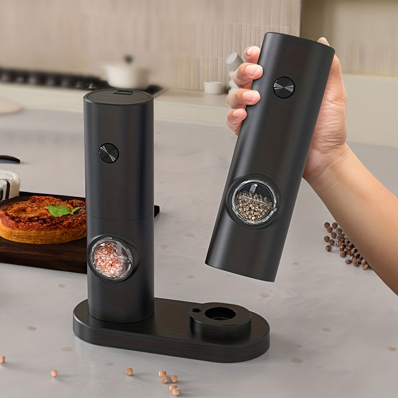 Juego de 2 Molinillos Eléctricos para Sal y Pimienta, Grano Ajustable con Luz LED, Base de Almacenamiento, Funciona con Batería, Arranque con Una Mano, Material ABS, Esencial en la Cocina, Regalo Perfecto