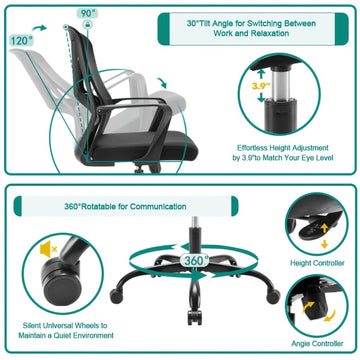 Silla de oficina ergonómica negra, silla de escritorio de computadora para el hogar cómoda con soporte de arco, reclinable manual, giratoria, rellena de esponja, tapizada, construcción de madera dura y tablero de partículas, no requiere electricidad