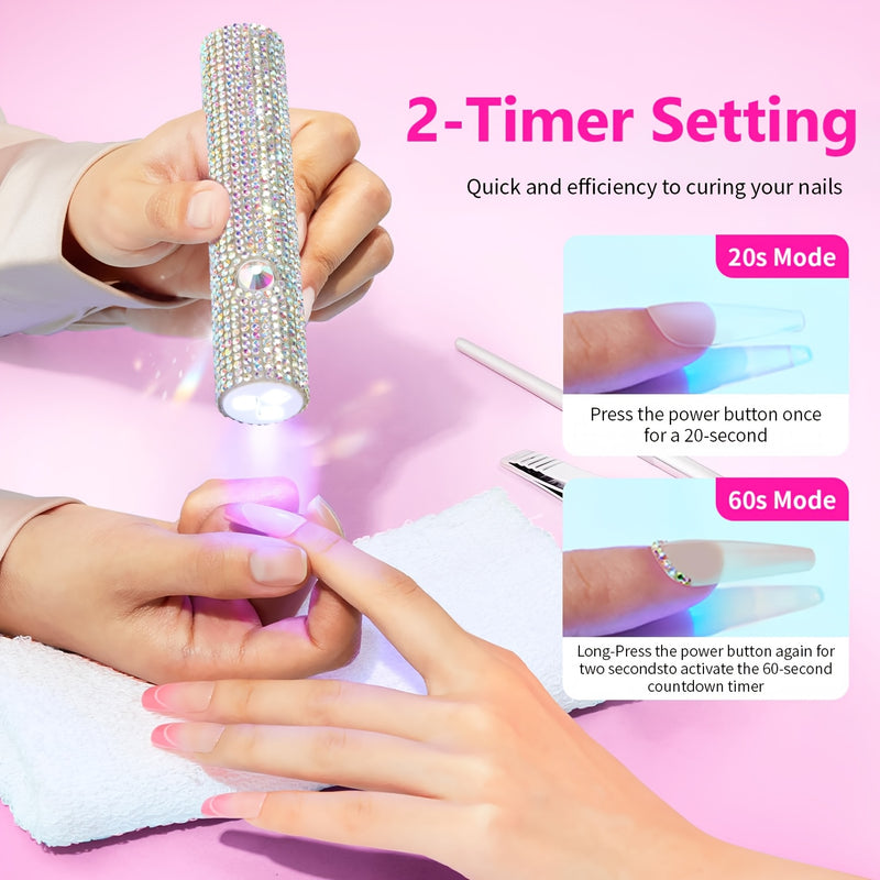 Mini Lámpara Portátil de Secado de Uñas con LED UV - Recargable por USB, Luz para Curar Esmalte en Gel y Pegamento Adhesivo de Secado Rápido con Diseño de Estrás Brillante para Manicura y Pedicura