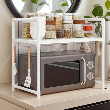 Estantería de Cocina de Almacenamiento Abierto con Compartimento para Microondas - Plástico Duradero, Diseño de Dos Niveles para una Organización Eficiente, Incluye Porta Utensilios y Estantes Espaciosos para Productos Secos, Organizadores y Almacenamien