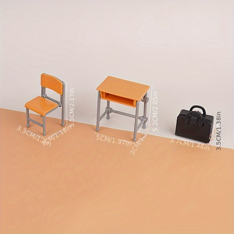 Conjunto de Aula Mini de 6 Piezas, Mesa y Sillas de Plástico con Mochila, Decoración de Casa de Juguete para la Escuela, Vajilla DIY, Exhibición en Casa, Colección Mini, Ocasión de Fiesta, No Requiere Electricidad