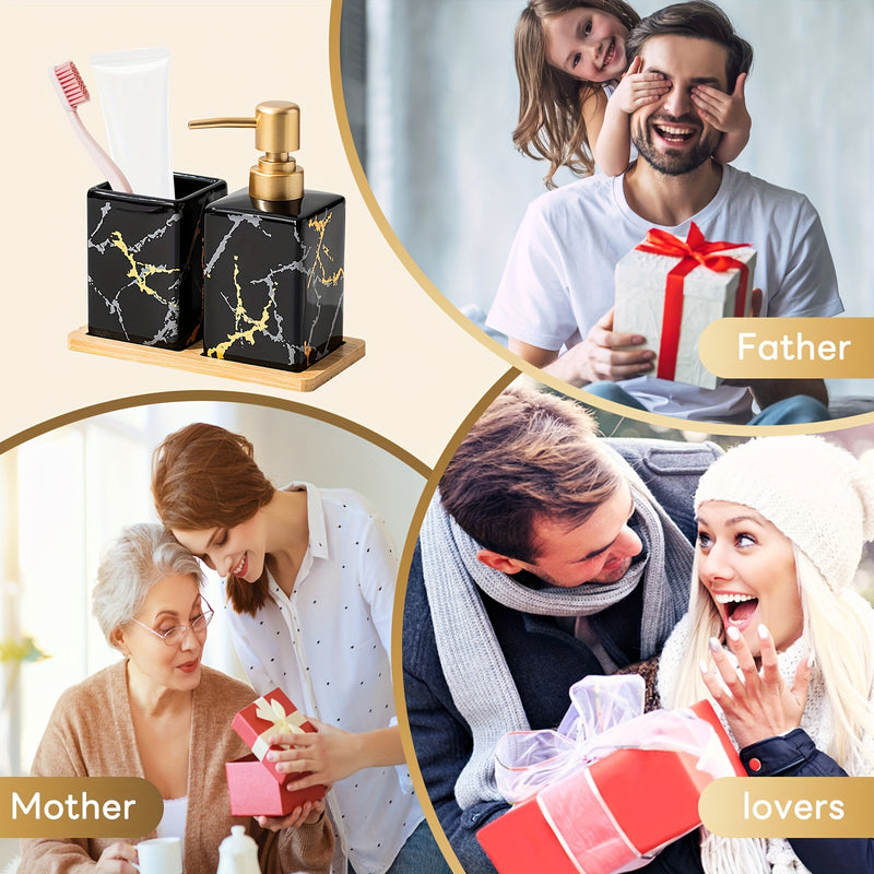 3 piezas de dispensador de jabón de mano de cerámica con patrón de mármol con bandeja de bambú - Negro y dorado, diseño independiente para encimera de baño, ideal para almacenamiento de loción y jabón, organizadores y almacenamiento de baño.
