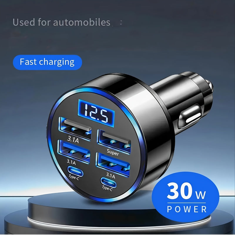 Carregador Móvil 6-en-1, 2PD 4USB, Cargador de Coche con 6 Puertos, Carga Rápida de 100W, Pantalla de Voltaje/Prueba, Luz Ambiente con Refrigeración Inteligente por Chip, Universal para Todos los Modelos, Elección Ideal para Regalo en 11 Fiestas