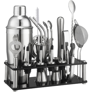 20 piezas Juego de Mixología de Acero Inoxidable con Shaker, Colador, Muddler, Jigger, Cuchara, Filtro de Hielo, Abrebotellas, Salidas de Vino y Soporte de Herramientas de Acrylic - Kit de Barman Completo