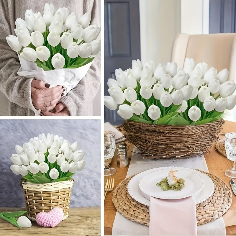10 piezas de tulipanes artificiales blancos elegantes - Tallos de PU con textura real, ideales para el Día de San Valentín, coronas de primavera, ramos de boda, decoración del hogar y oficina, adornos florales, perfectos para Navidad