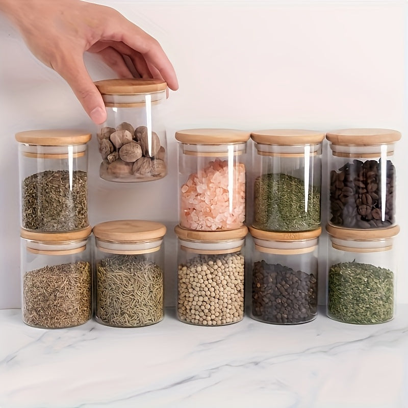 1 Juego de 4 frascos de vidrio para almacenamiento, fabricados con material transparente de alto borosilicato, con tapas de bambú selladas para almacenamiento de alimentos, contenedores de alimentos transparentes portátiles para té, granos de café, azúca