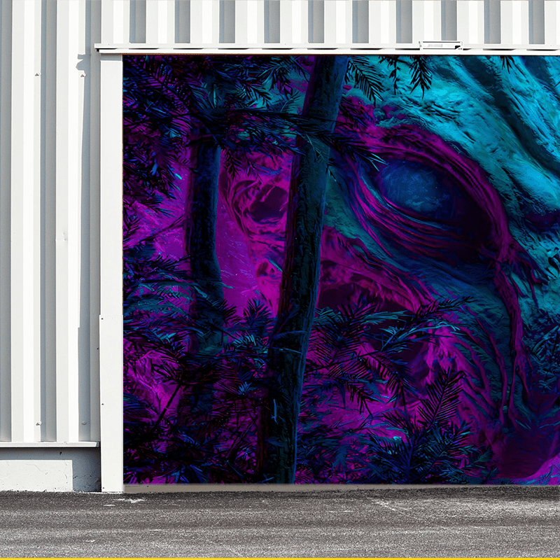 1 pieza de letrero de puerta de garaje de criatura alienígena mística - Gran decoración de arte de pared al aire libre con diseño vibrante de púrpura y azul, perfecto para fondos de fiestas de Halloween, decoración de jardín y celebraciones de fantasía,